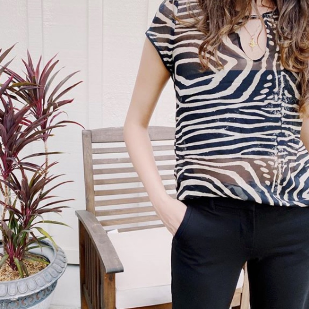 Zebra Print See-Through Puff Sleeve Chiffon Blouse, S